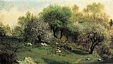 Hillside Canvas Paintings - Girl on a Hillside, Apple Blossoms